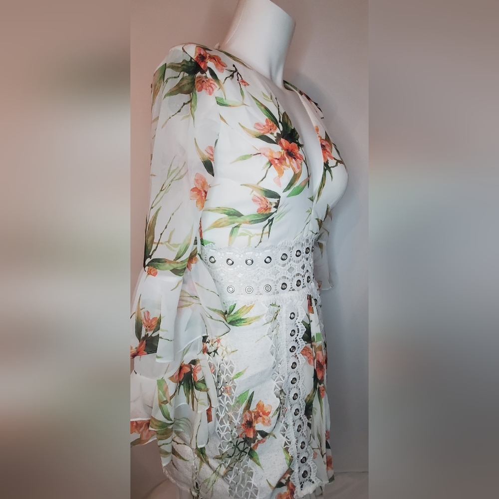 PatBO Size 6 "Wild Flower" Printed White Lace Mini Dress - Picture 2 of 14